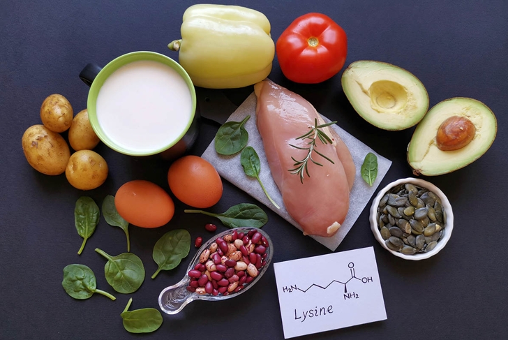 Foods rich in lysine (an essential amino acid) with structural chemical formula of lysine. Natural food sources of lysine. High protein food products: avocado, beans, milk, egg, chicken, spinach, etc.