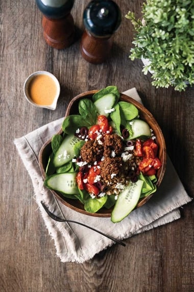 Mediterranean Meatball and Farro Bowls with Smoky Hummus Sauce