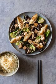 Sheet-Pan Sprouted Tofu, Mushrooms, and Potstickers with Bok Choy