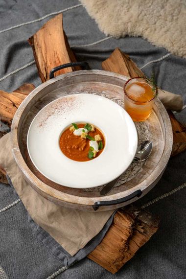 Soup with Charred Veggies and Spicy Harissa