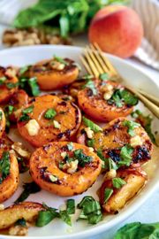 Sweet Grilled Peaches and Apricots With Basil and Walnuts